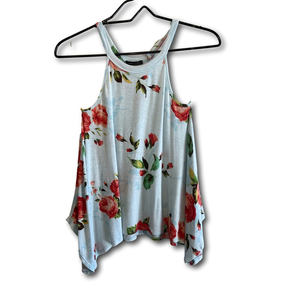 Sweet Claire Floral Tank Top Light Blue Racerback Tunic Flowy Size Small